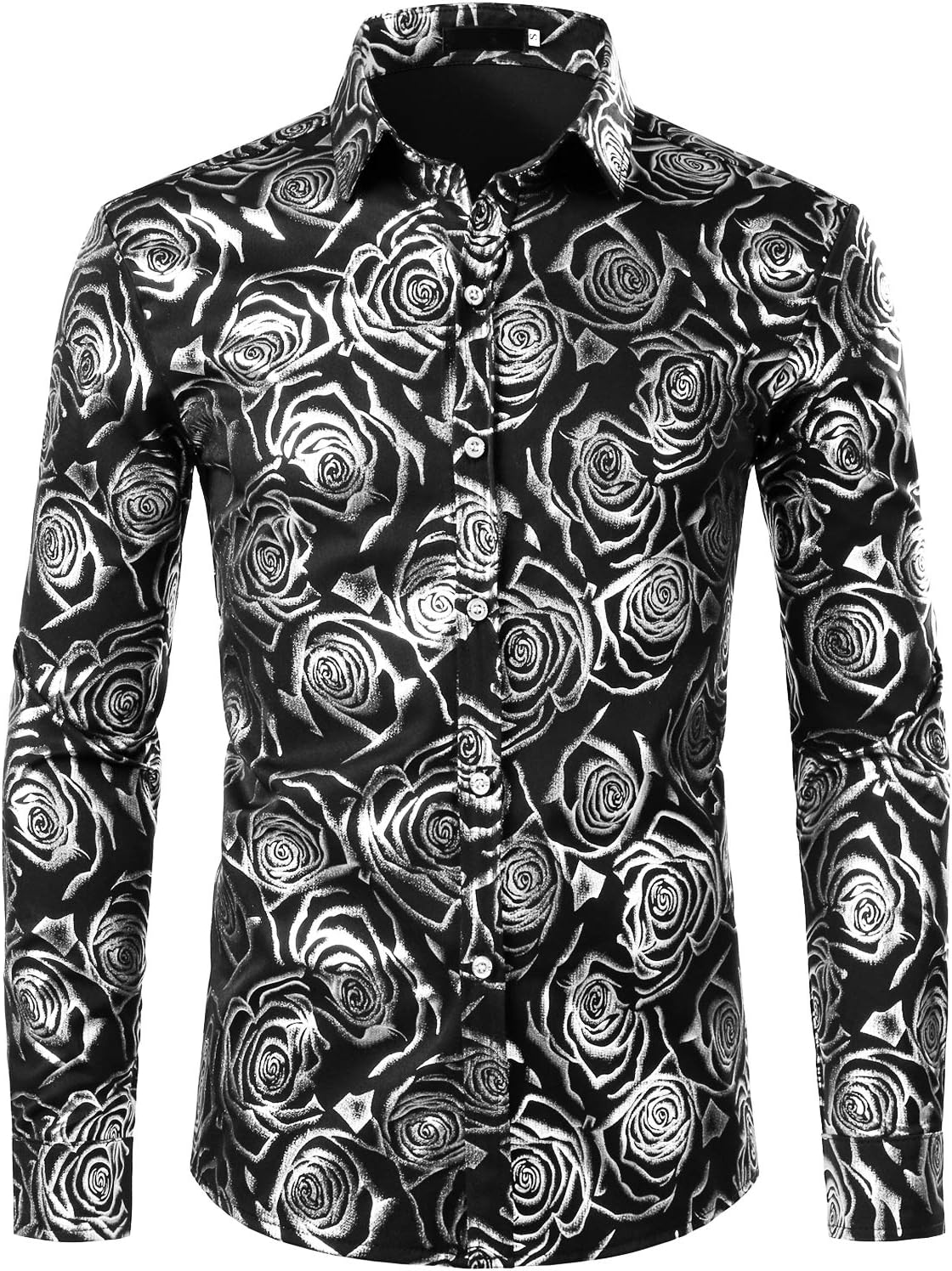 ZEROYAA Mens Hipster Gold Rose Printed Slim Fit Long Sleeve Dress Shirts/Prom Performing Shirts