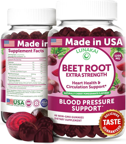 Lunakai Beet Root Gummies with Proprietary Antioxidant Blend - Heart &amp; Circulation Support, Delicious Non-GMO Beet Chews for High Blood Pressure, 60ct