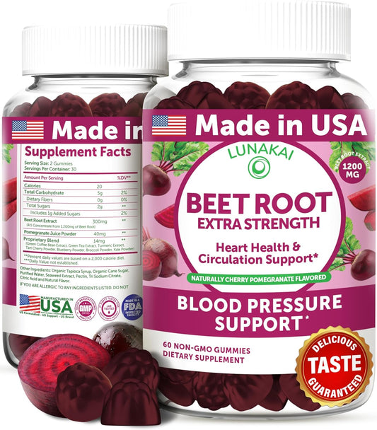 Lunakai Beet Root Gummies with Proprietary Antioxidant Blend - Heart &amp; Circulation Support, Delicious Non-GMO Beet Chews for High Blood Pressure, 60ct