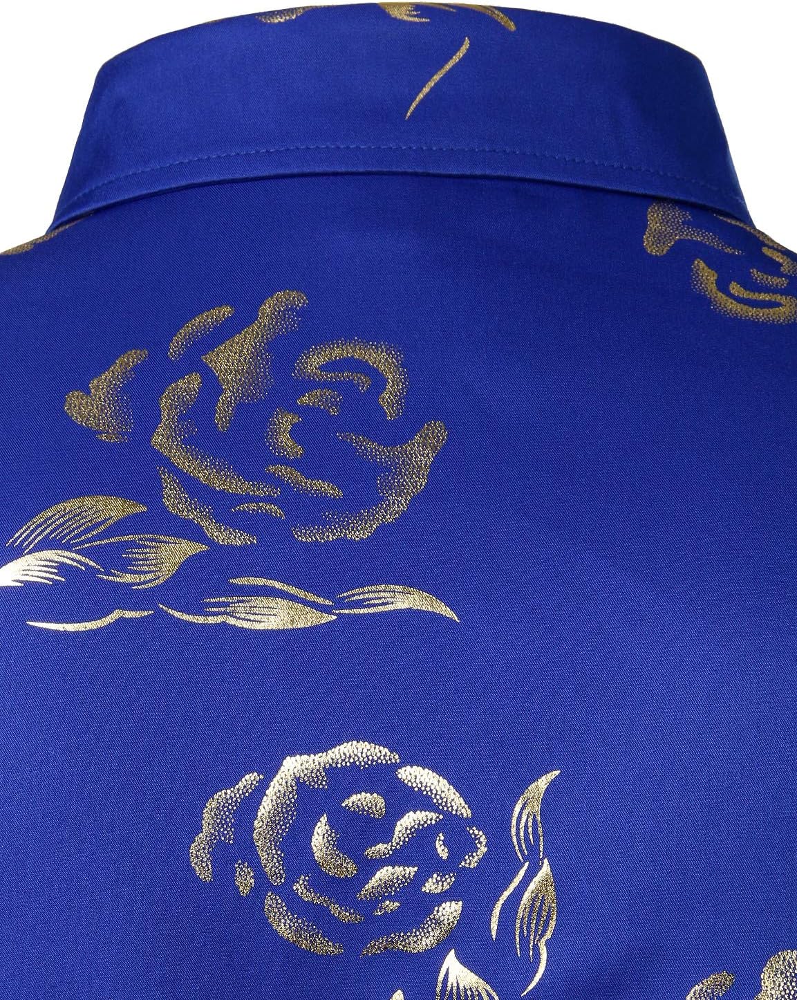 ZEROYAA Mens Hipster Gold Rose Printed Slim Fit Long Sleeve Dress Shirts/Prom Performing Shirts