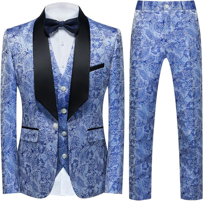 Tuxedo Suits for Men 3 Piece Regular Fit Suit Floral Pattern Blazer Jacket Waistcoat Pants Men Suit Set for Wedding