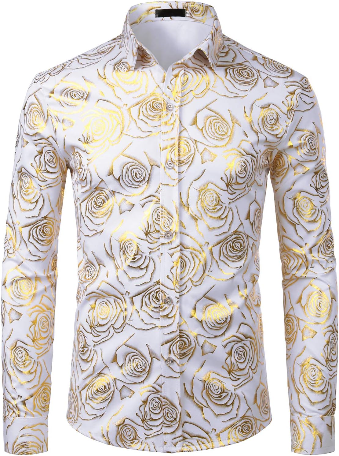 ZEROYAA Mens Hipster Gold Rose Printed Slim Fit Long Sleeve Dress Shirts/Prom Performing Shirts