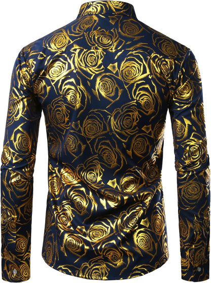 ZEROYAA Mens Hipster Gold Rose Printed Slim Fit Long Sleeve Dress Shirts/Prom Performing Shirts