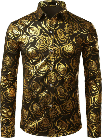 ZEROYAA Mens Hipster Gold Rose Printed Slim Fit Long Sleeve Dress Shirts/Prom Performing Shirts