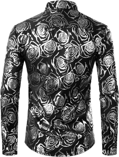 ZEROYAA Mens Hipster Gold Rose Printed Slim Fit Long Sleeve Dress Shirts/Prom Performing Shirts