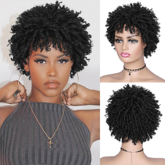Faux Locs Braid Wigs for Black Women and Men Short Afro Locs Dreadlock Wig Twist Braided Dreads Wig Natural Mixed Brown Curly Synthetic Wig (1B/30#)