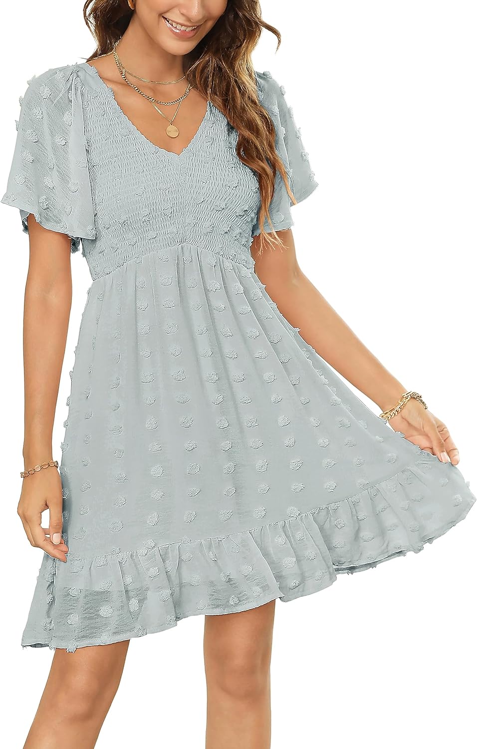 Zattcas Womens 2024 Summer Smocked Dress Short Flutter Sleeve V Neck Swiss Dot Babydoll Ruffle Tiered Mini Dress