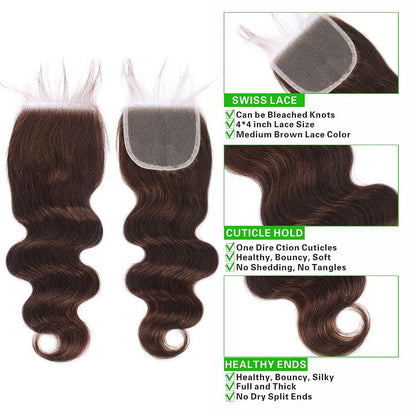 Light Brown Body Wave Bundles With Closure Human Hair 3 Bundles With Lace Closure