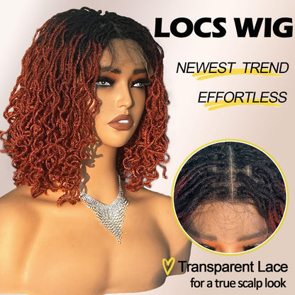 Dreadlock Wig Curly 4x4 Lace Frontal Ombre Strawberry Blonde 16 Inch Twist Faux Locs Wigs for Balck Women Afro Curly Braided Synthetic Wig