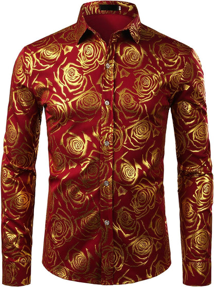 ZEROYAA Mens Hipster Gold Rose Printed Slim Fit Long Sleeve Dress Shirts/Prom Performing Shirts