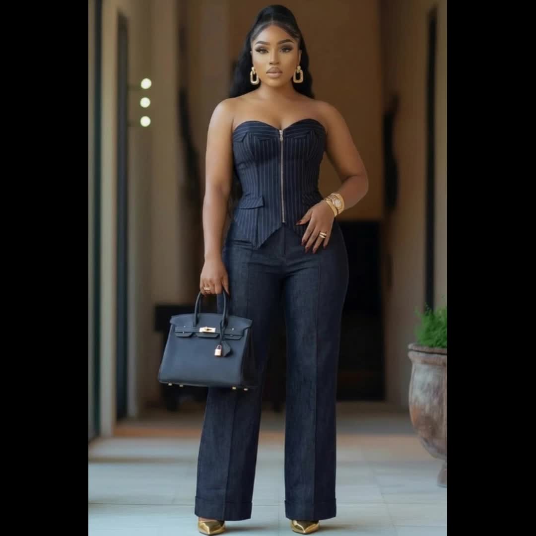 Navy Striped Strapless Waist-Cinched Top + Wide-Leg Pants