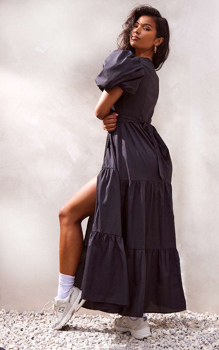 Black Woven Puff Sleeve Wrap Midaxi Dress