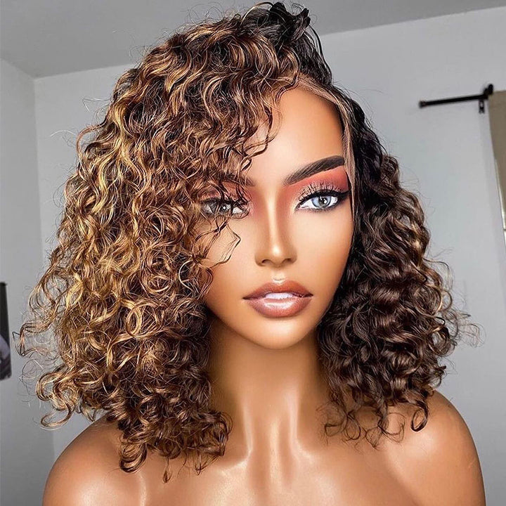 Highlight Honey Curly 13x4 Lace Front Bob Glueless C Part Human Hair Wig