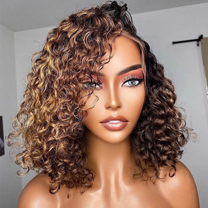 Highlight Honey Curly 13x4 Lace Front Bob Glueless C Part Human Hair Wig