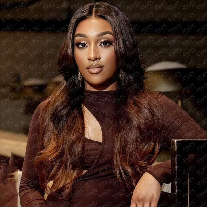 Long Layered Curtain Bangs with Rich Honey Brown Ombre Wavy 9x6 Pre Cut Lace Wigs