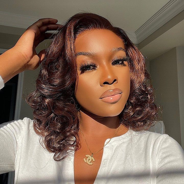 Chocolate Brown Spiral Curl 13x4 Lace Front Bob Wig Glueless Human Hair Wig