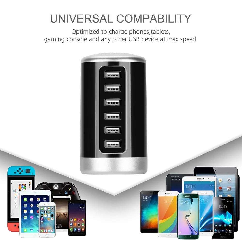 6 USB Ports Hub 6A/30W Rapid Charging Station Desktop Charger Fits for Phone Tablet Iphone Ipad Samsung LG HTC Moto