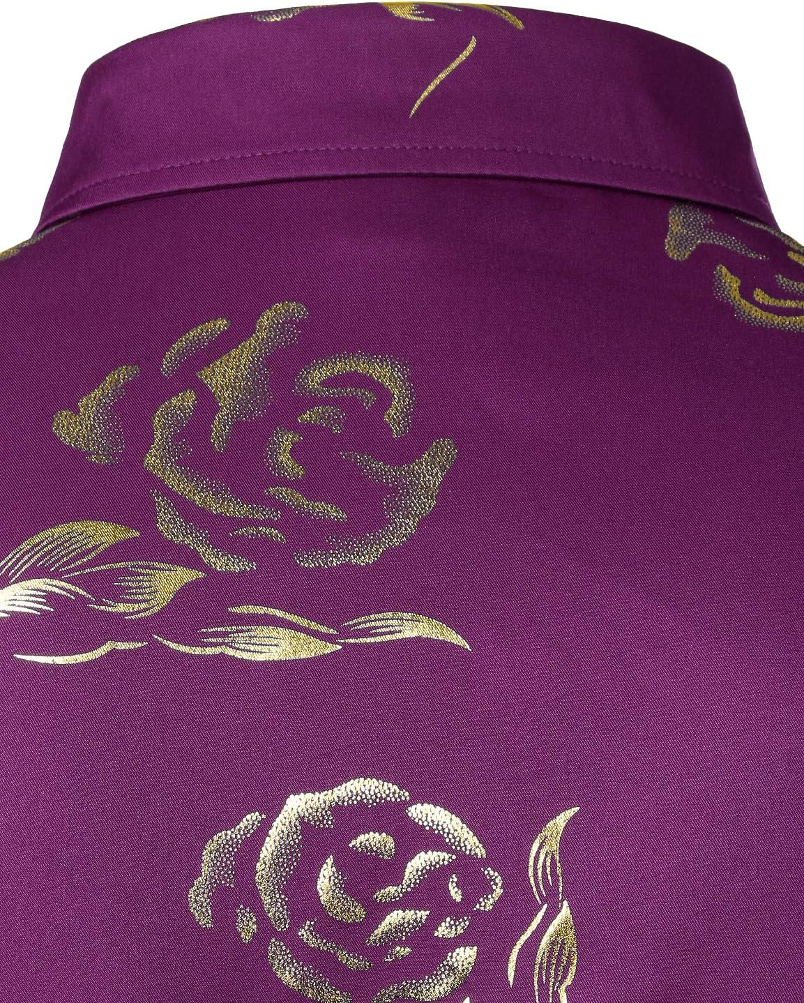 ZEROYAA Mens Hipster Gold Rose Printed Slim Fit Long Sleeve Dress Shirts/Prom Performing Shirts