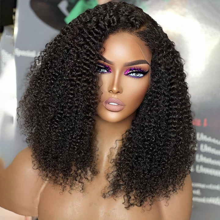 Handmade 4C Hairline Afro Kinky Curly 13x4 Lace Front Wig With Curly Edges Kinky Baby Hair Human Hair Wig