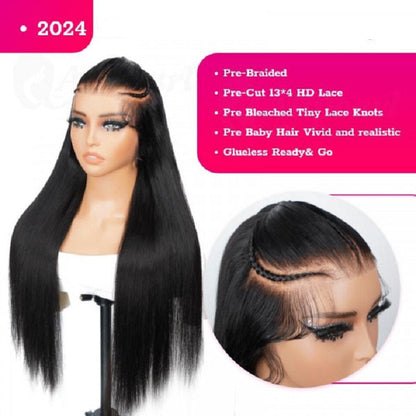 Straight Pre Braided Wig 13x4 Pre Cut Lace Human Hair Wigs With Baby Hair
