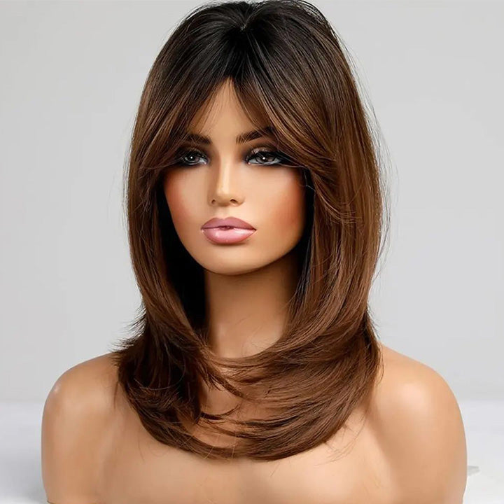 Curtain Bangs Ombre Chestnut Brown Straight Layered Cut 13x5 Pre Cut Lace Wig