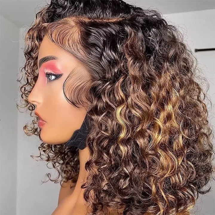 Highlight Honey Curly 13x4 Lace Front Bob Glueless C Part Human Hair Wig