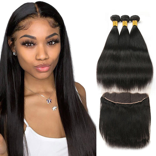 Straight Human Hair 3 Bundles With Frontal Single Invisiable Knots 13x4 Lace Frontal With Hair Bundles