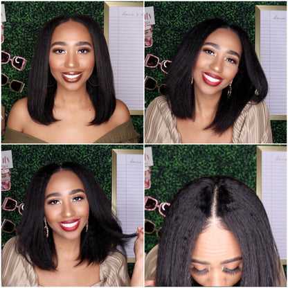 Thin V Part Wig Kinky Straight Bob Human Hair Wigs Without Leave Out