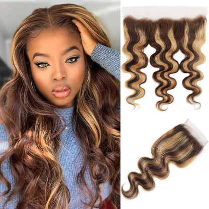 Highlight Brown Body Wave Frontal Ombre Honey Blonde 4x4 Lace Closure Brazilian Hair 13x4 Lace Frontal 100% Remy Human Hair