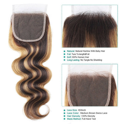Highlight Brown Body Wave Frontal Ombre Honey Blonde 4x4 Lace Closure Brazilian Hair 13x4 Lace Frontal 100% Remy Human Hair
