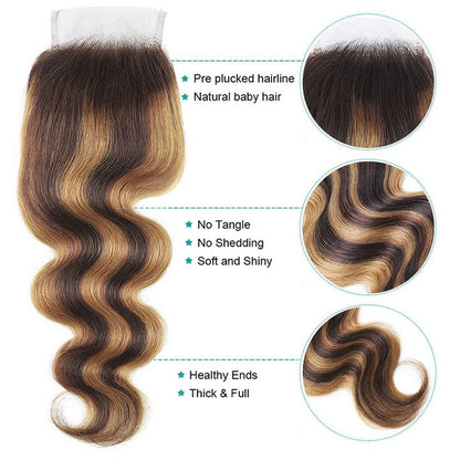Highlight Brown Body Wave Frontal Ombre Honey Blonde 4x4 Lace Closure Brazilian Hair 13x4 Lace Frontal 100% Remy Human Hair