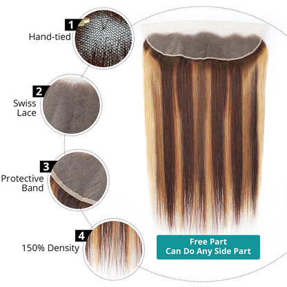 Highlight Brown Straight Frontal Honey Blonde 4x4 Lace Closure Brazilian Straight Hair 13x4 Lace Frontal Ombre Colored 100% Remy Human Hair