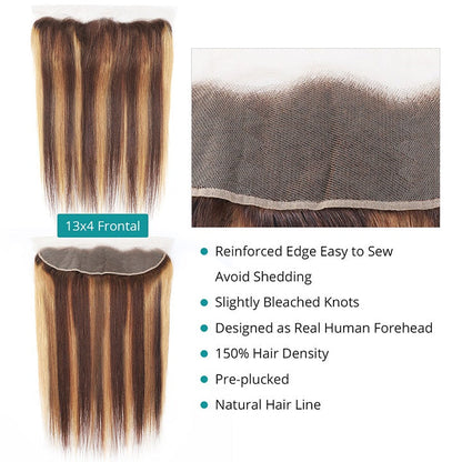 Highlight Brown Straight Frontal Honey Blonde 4x4 Lace Closure Brazilian Straight Hair 13x4 Lace Frontal Ombre Colored 100% Remy Human Hair