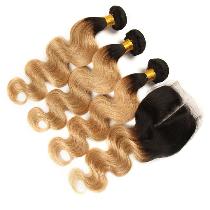 T1B/27 Ombre Honey Body Wave Hair 3 Bundles With Closure Human Hair With Dark Roots
