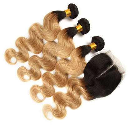 T1B/27 Ombre Honey Body Wave Hair 3 Bundles With Closure Human Hair With Dark Roots