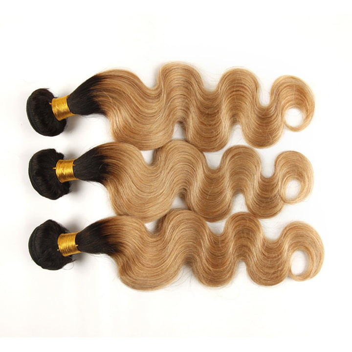 T1B/27 Ombre Honey Body Wave Hair 3 Bundles With Closure Human Hair With Dark Roots