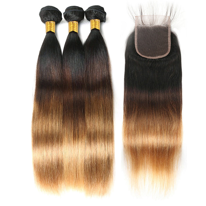 Blonde Human Hair Bundles With Closure 3 Bundles With Lace Closure T1B/4/27 Ombre Blonde Brazilian Straight Hair
