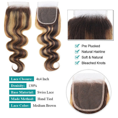 Highlight Brown Body Wave Frontal Ombre Honey Blonde 4x4 Lace Closure Brazilian Hair 13x4 Lace Frontal 100% Remy Human Hair