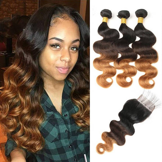 Ombre Human Hair Bundles With Closure Brazilian Body Wave With Closure T1B/4/30
