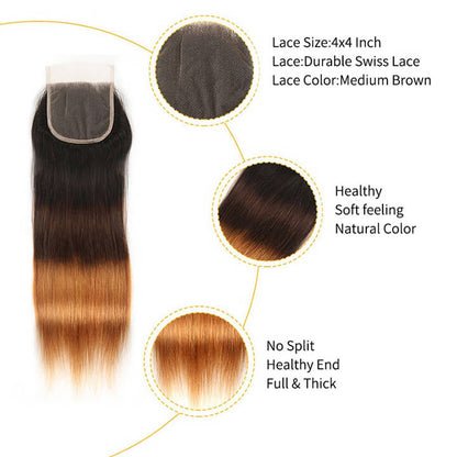 T1B/4/30 Straight Hair 3 Bundles With Closure Human Hair Weaves