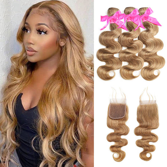 Honey Blonde #27 Body Wave 3 Bundles With Lace Closure Brazilian Human Hair