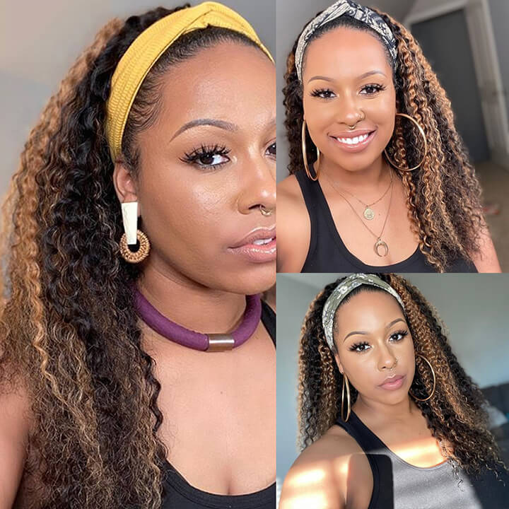 Mixed Color Highlight Deep Curly Headband Human Hair Wigs For Black Women (GET FREE TRENDY HEADBAND)