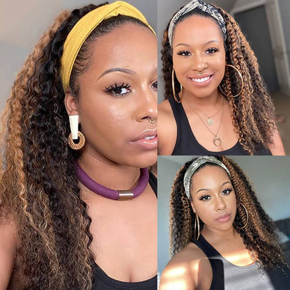 Mixed Color Highlight Deep Curly Headband Human Hair Wigs For Black Women (GET FREE TRENDY HEADBAND)