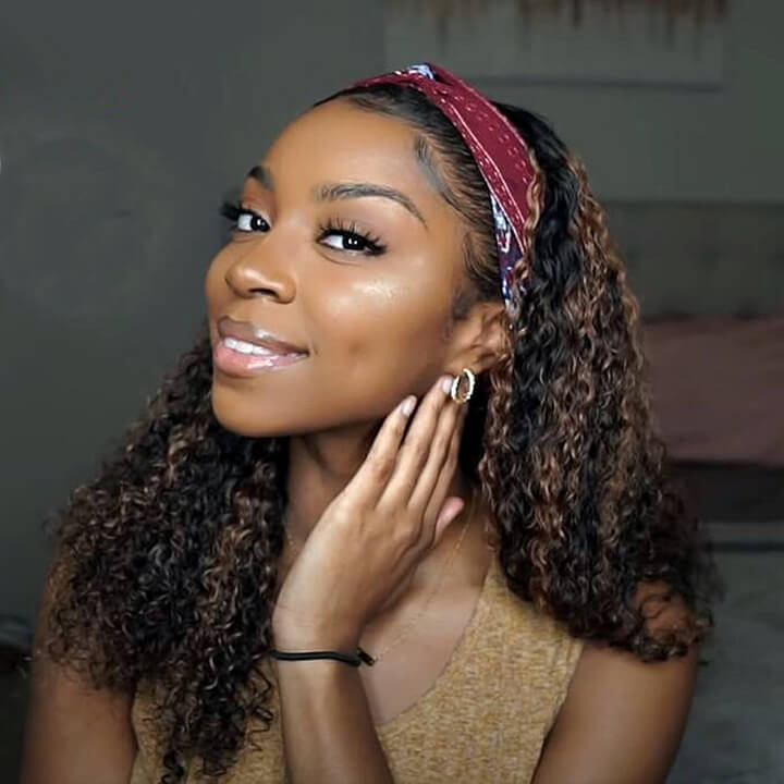 Mixed Color Highlight Deep Curly Headband Human Hair Wigs For Black Women (GET FREE TRENDY HEADBAND)