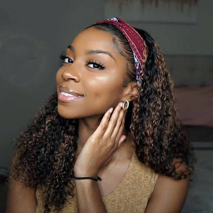 Mixed Color Highlight Deep Curly Headband Human Hair Wigs For Black Women (GET FREE TRENDY HEADBAND)