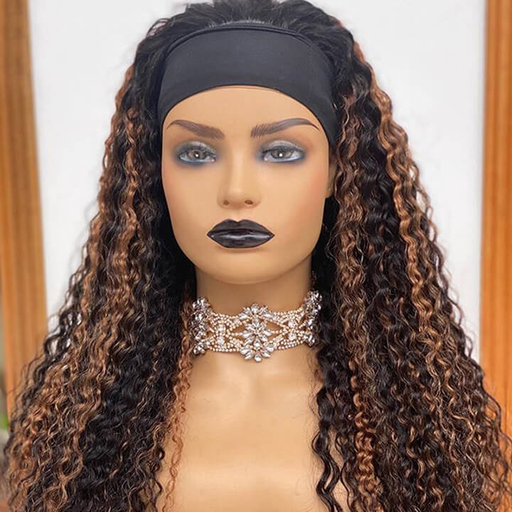 Mixed Color Highlight Deep Curly Headband Human Hair Wigs For Black Women (GET FREE TRENDY HEADBAND)
