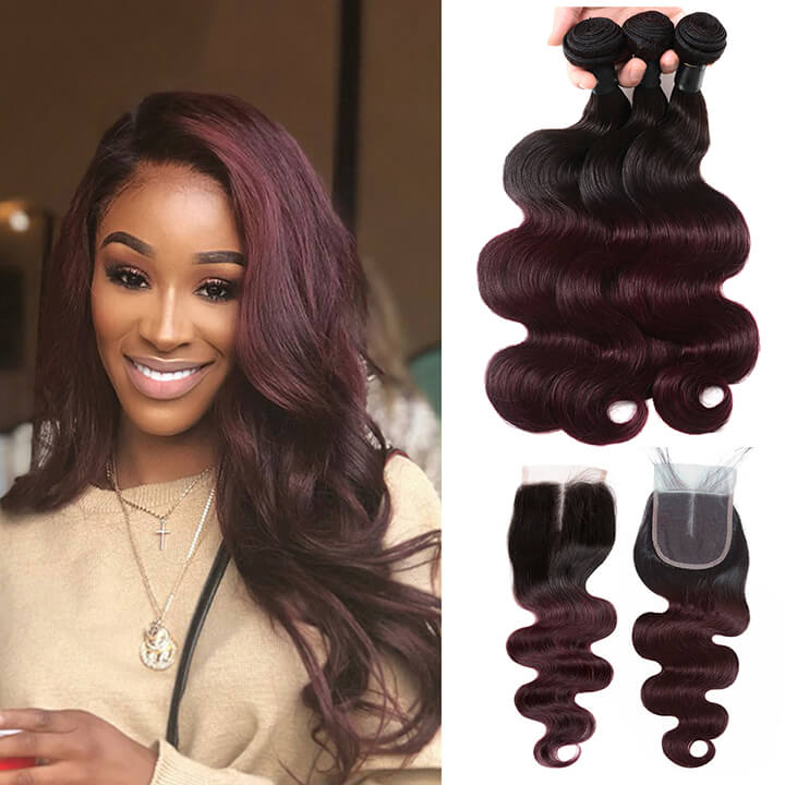 Ombre Burgundy Brazilian Body Wave Hair Bundles With Closure 100% Real Human Hair