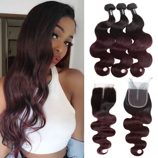 Ombre Burgundy Brazilian Body Wave Hair Bundles With Closure 100% Real Human Hair