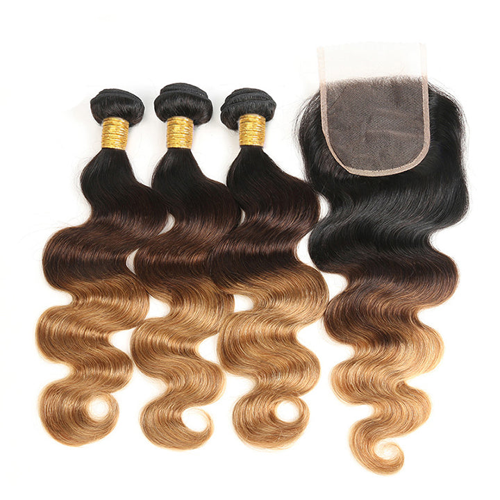 T1B/4/27 Body Wave Hair 3 Bundles With Closure Ombre Honey Blonde Human Hair