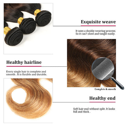 T1B/4/27 Body Wave Hair 3 Bundles With Closure Ombre Honey Blonde Human Hair